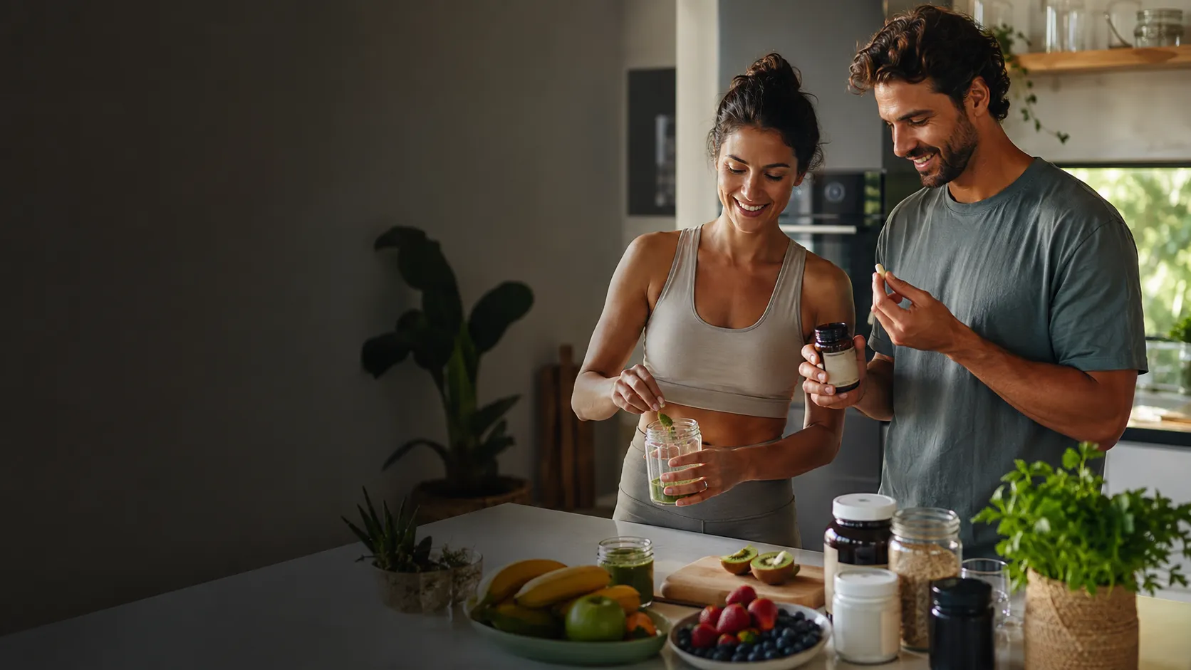Casal a preparar uma rotina de nutricao saudavel